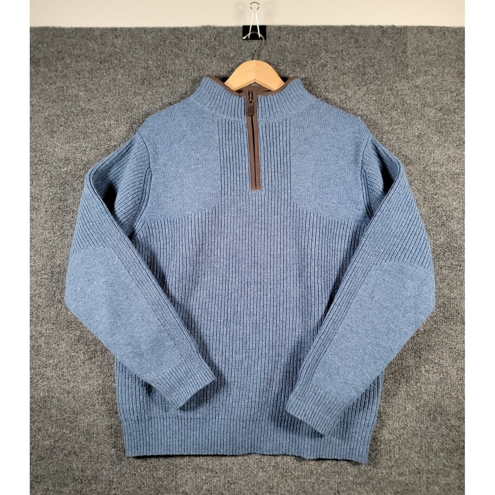 LL Bean Waterfowl Sweater Mens Medium Blue 1/4 Zip Mock Neck Wool Knit Pullover